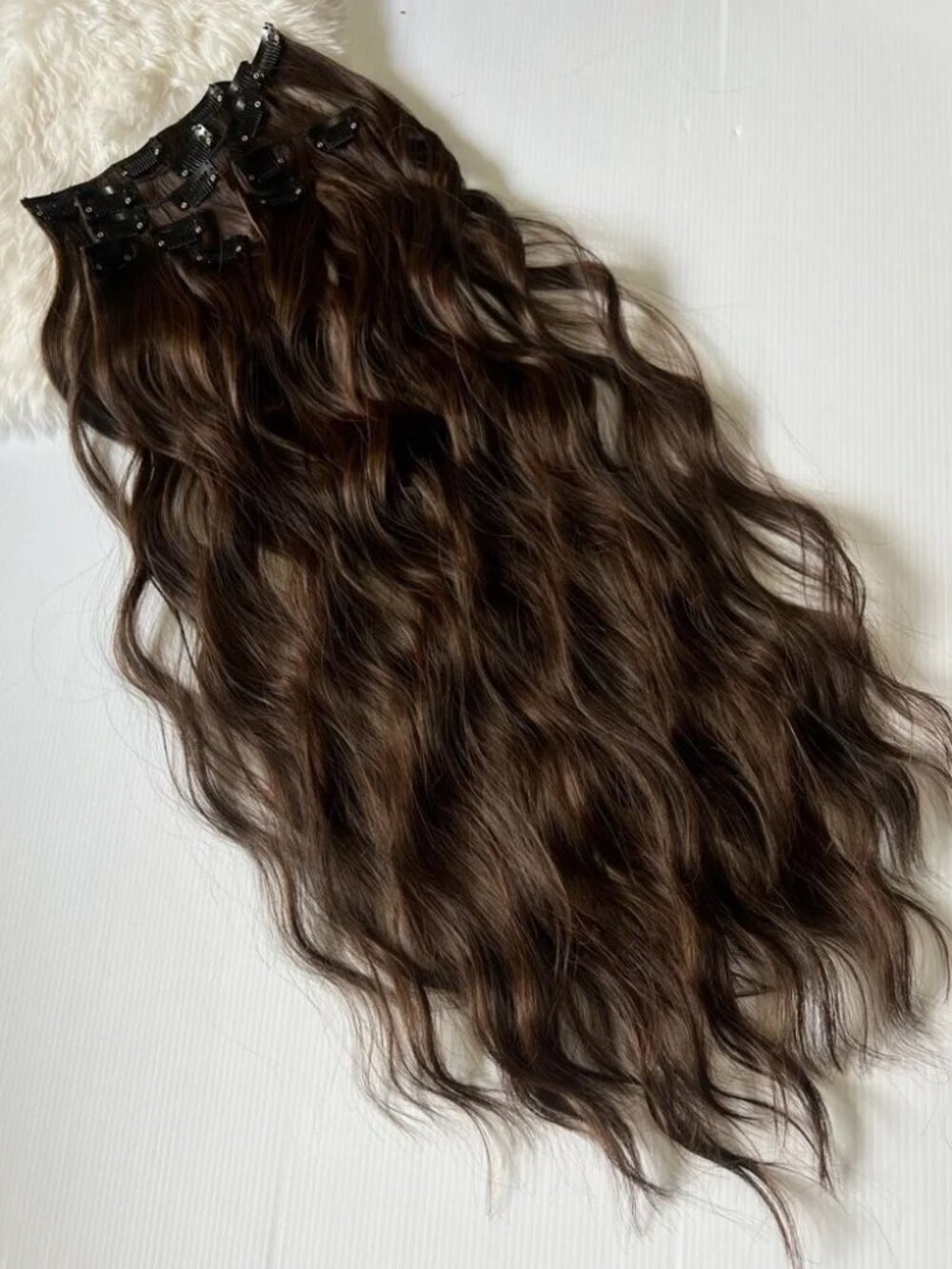 Brown & Copper Water wave  Clip in Hair Extensions - Human hair Blend Set - Picture 2 of 7